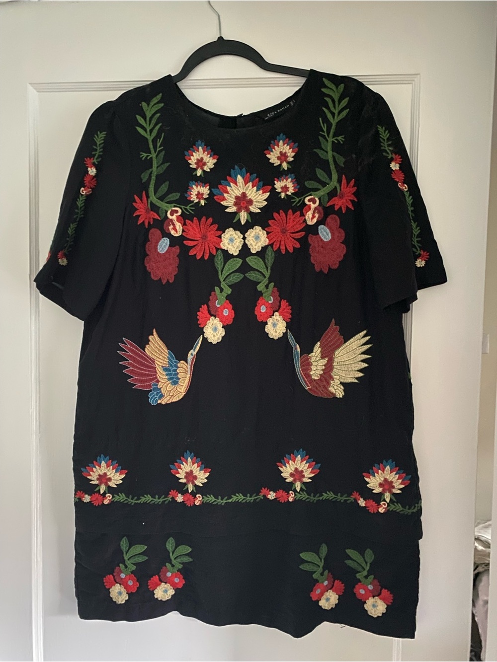 Zara Woman Black Top with Multicolor Floral Embroidery